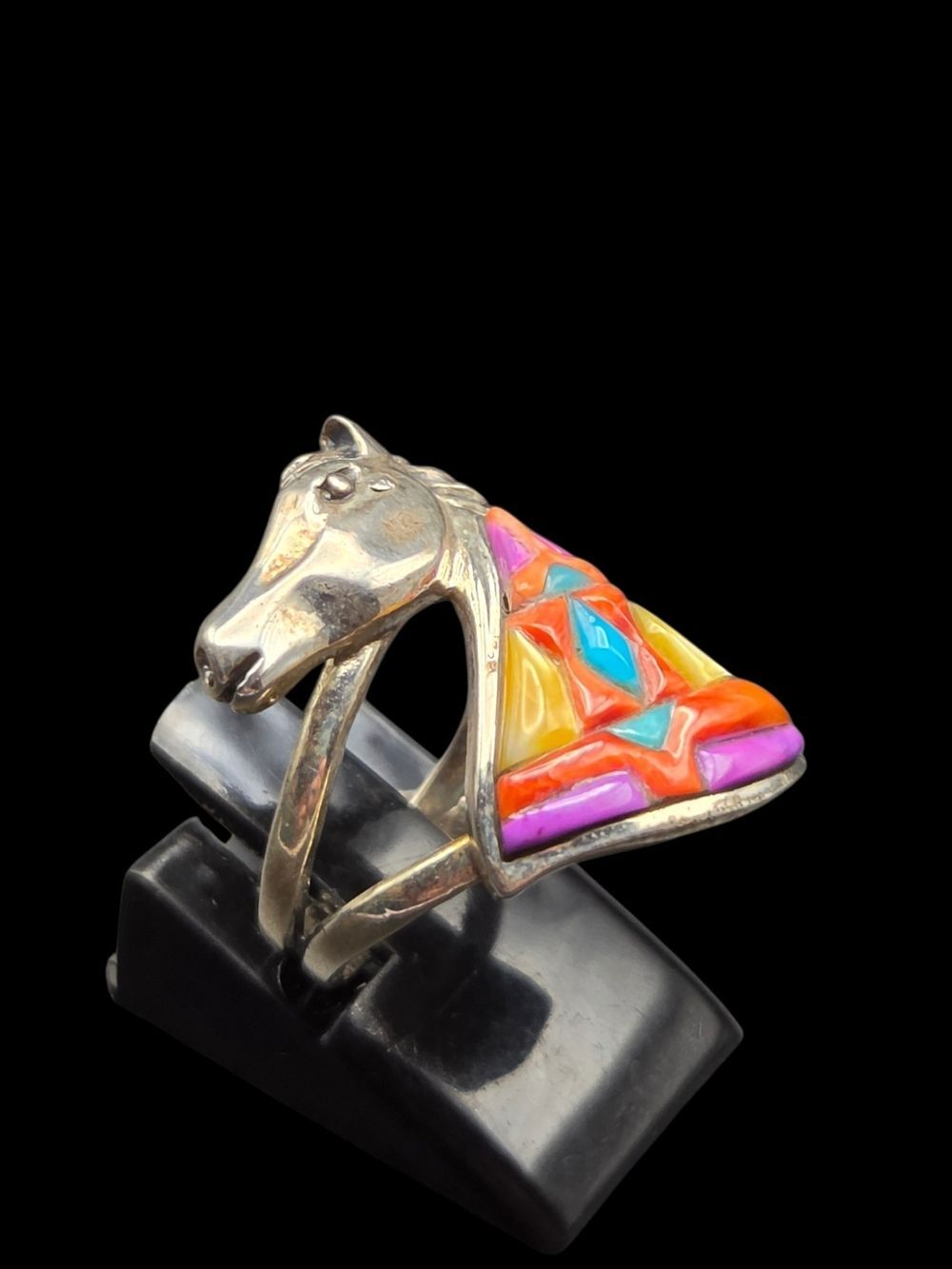 Sterling Silver Horse Head Ring, Multicolor Spiny Oyster Sz 5.5-6 - Picture 3 of 6